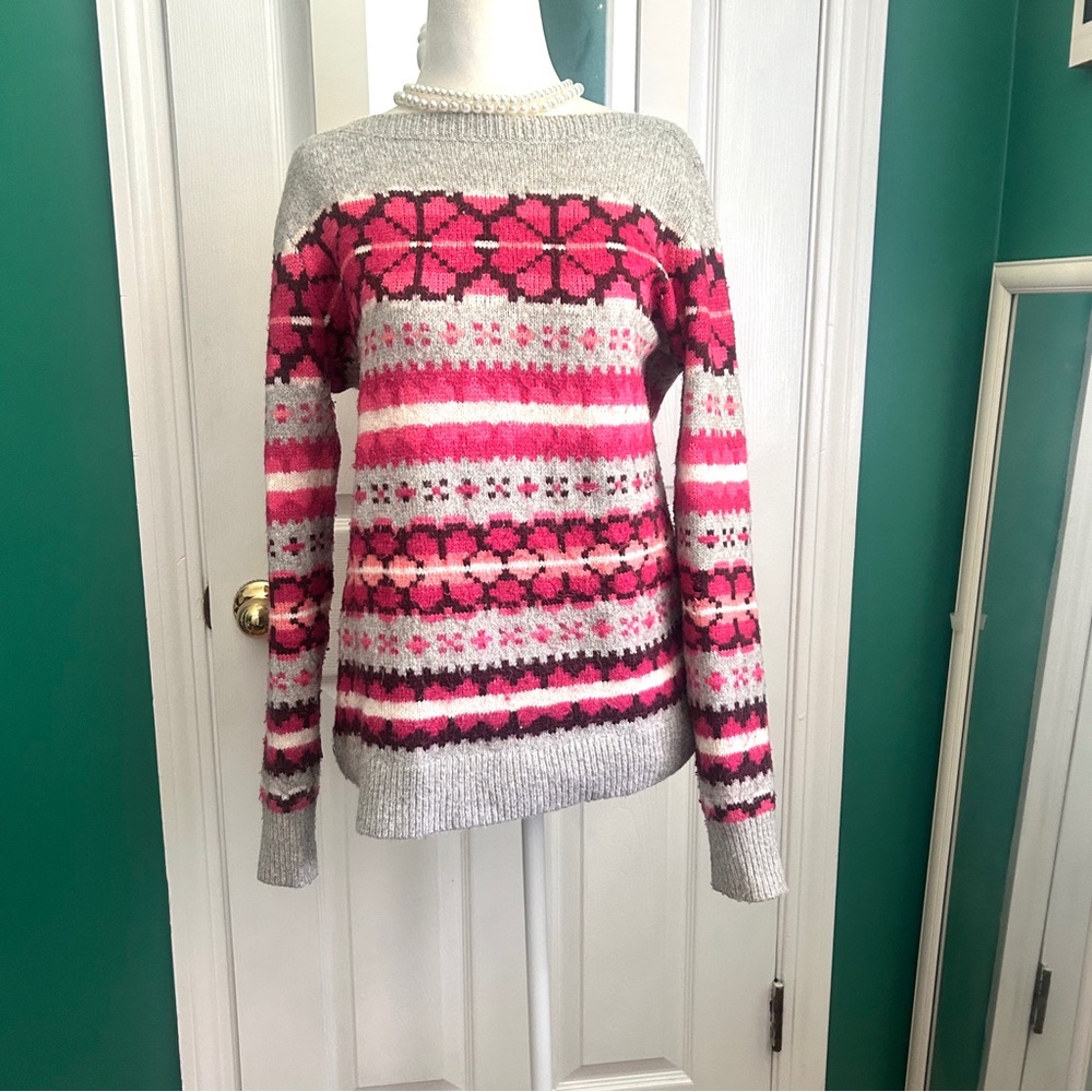 LOFT Pink and Gray Striped Fair Isle Crewneck Sweater